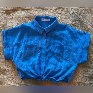 Zara Girls Vibrant Blue Cropped Collared Shirt